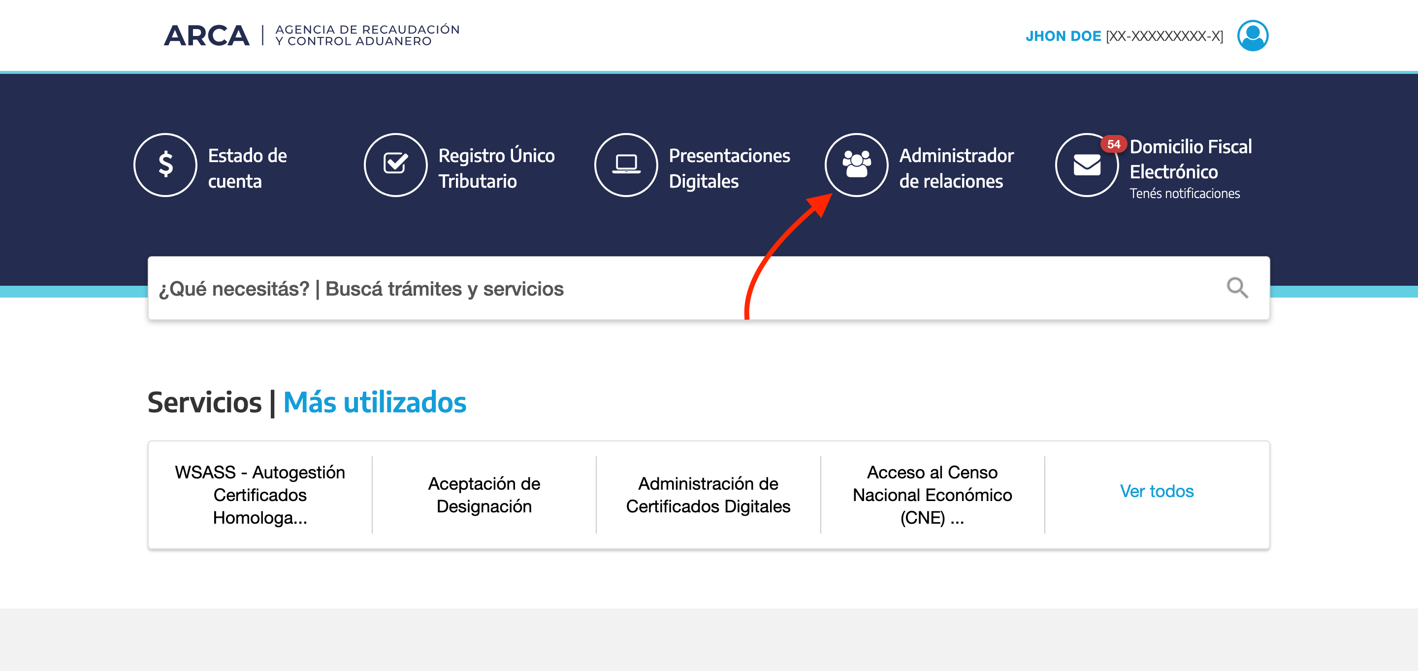 Administrador de Relaciones de Clave Fiscal en el escritorio de ARCA